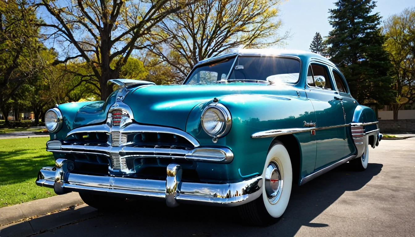 Picture a 1952 Dodge Kingsway Custom parked outside of a Dina, its chrome grille catching the sunlight, embodying an era of post-war optimism and automotive innovation, distant shot wide angle