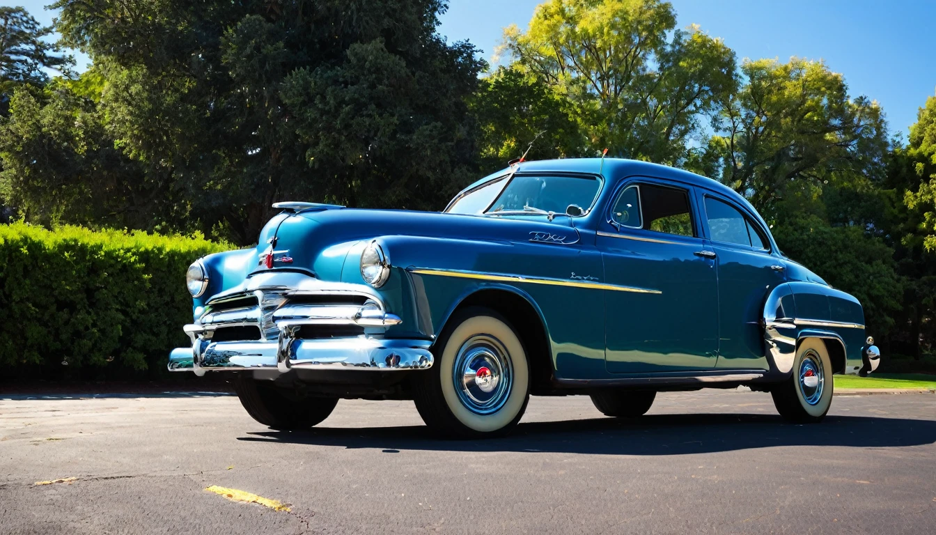 Picture a 1952 Dodge Kingsway Custom parked outside of a Dina, its chrome grille catching the sunlight, embodying an era of post-war optimism and automotive innovation, distant shot wide angle