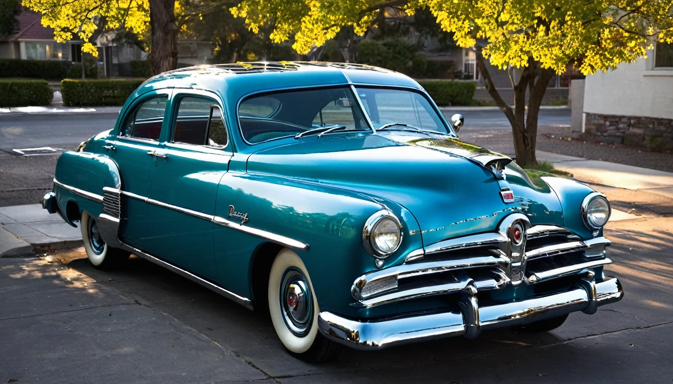 Picture a 1952 Dodge Kingsway Custom parked outside of a Dina, its chrome grille catching the sunlight, embodying an era of post-war optimism and automotive innovation, distant shot wide angle