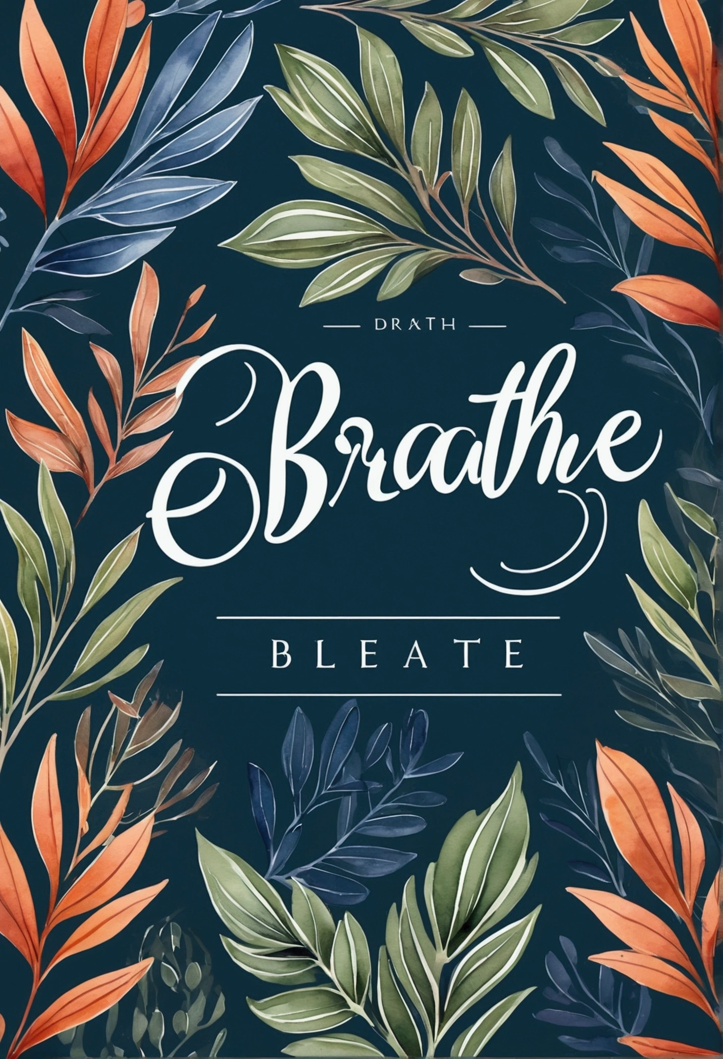 Create a stylish, modern print with the word 'Breathe' in big, bold letters and a subtle gradient background. Include a drawing of leaves or a gentle breeze around the word.". Shading and gradients, Art Nouveau, vibrant colors and synthwave. Vector design, thin lines, central composition, soft background, 1:1 palette (dark blue, orange, red, olive green), watercolor logo style with printed effect, breath pattern. Monochrome background, from yukisakura, with original and incredible colors.