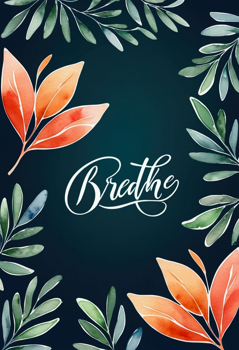 Create a stylish, modern print with the word 'Breathe' in big, bold letters and a subtle gradient background. Include a drawing of leaves or a gentle breeze around the word.". Shading and gradients, Art Nouveau, vibrant colors and synthwave. Vector design, thin lines, central composition, soft background, 1:1 palette (dark blue, orange, red, olive green), watercolor logo style with printed effect, breath pattern. Monochrome background, from yukisakura, with original and incredible colors.