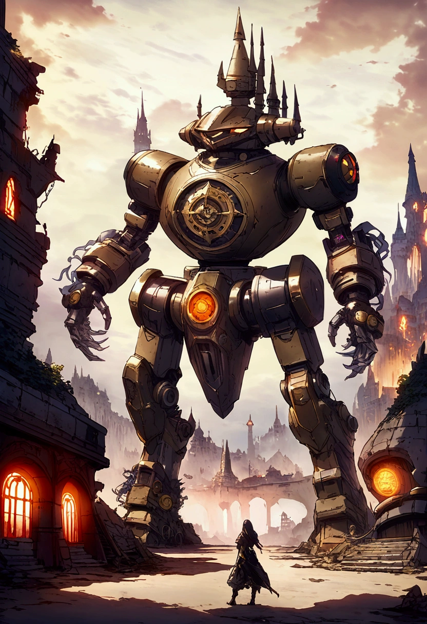 landscape A mechanized Gothic castle in the center of the screen Half-destroyed buildings line the surrounding area. cloudy Gothic meets cyberpunk Dark fantasy Concept Art