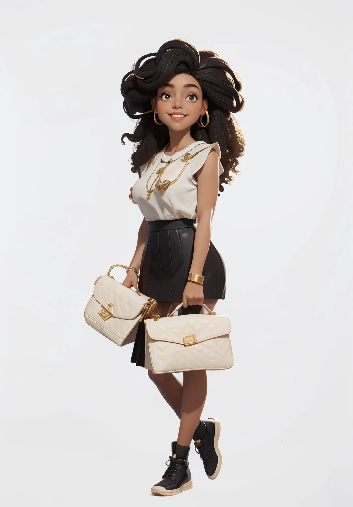 Young woman, ((headphones на шее)), afro hairstyle, afro, Black skirt, white mother, white handbag in hand, (headphones), beautiful textured long flowing hair, gold decoration, gold earrings, photorealistic, masterpiece, smiling, perfect faces, watercolor, Cinematic professional 8K photography with ray tracing, subsurface scattering and illumination, conceptual art,character illustration,European and American cartoons, I look at the viewer,