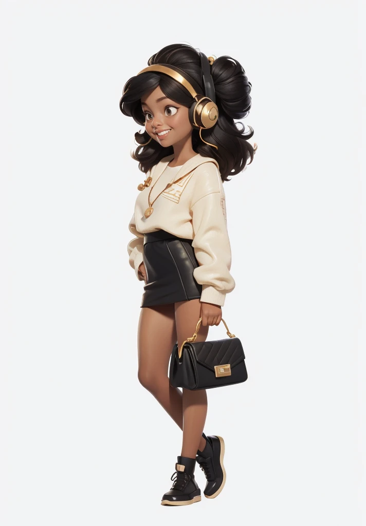 Young woman, ((headphones на шее)), afro hairstyle, afro, Black skirt, white mother, white handbag in hand, (headphones), beautiful textured long flowing hair, gold decoration, gold earrings, photorealistic, masterpiece, smiling, perfect faces, watercolor, Cinematic professional 8K photography with ray tracing, subsurface scattering and illumination, conceptual art,character illustration,European and American cartoons, I look at the viewer,