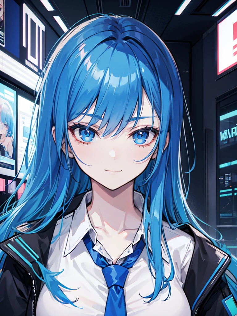 blue hair, long hair, portrait, casual, girl, candid cool, shirt, small smile, necktie, charisma, cyberpunk jacket