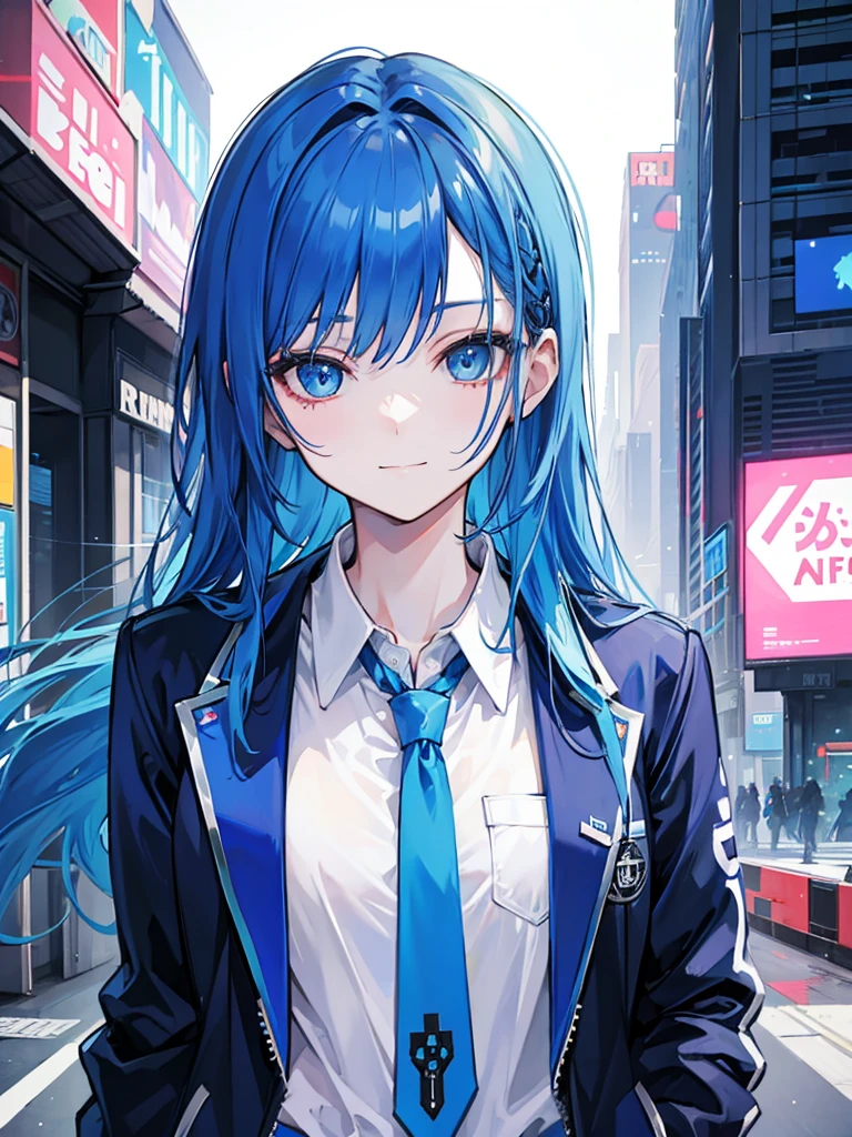 blue hair, long hair, portrait, casual, girl, candid cool, shirt, small smile, necktie, charisma, cyberpunk jacket