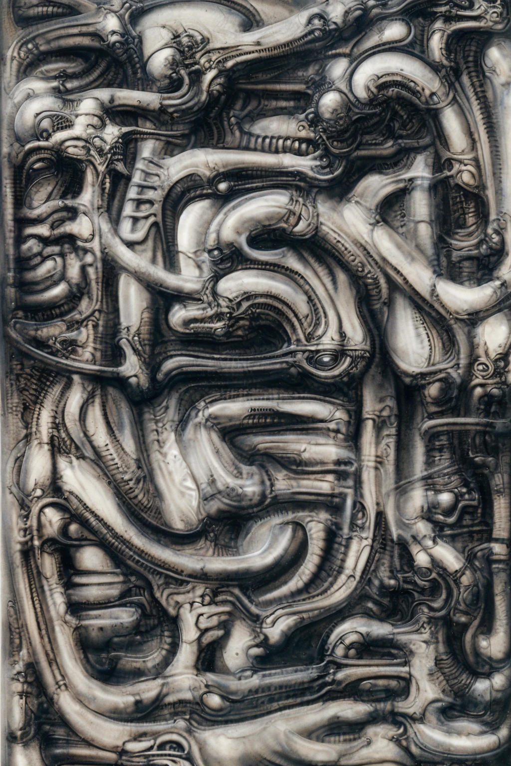 g1g3r, xGiger, The image is a detailed view of H.R. Giger's \" biomechanical landscape no 312\" plate, featuring a complex network of bones and organs in a purple-brown hue ,swirling gray and brown colors. group of alien corpses positioned in the foreground. Emaciated and skeletal, with hollow eyes, they appear to be constructed from bone and metallic elements, a characteristic fusion of organic and mechanical forms found in Giger's biomechanical art. of fossilized beings of ivorish with multiple arms and legs, resembling a group of octopi. The image depicts a complex, intricate, and detailed design that appears to be a fusion of organic and mechanical elements, with a focus on the interplay between the two.