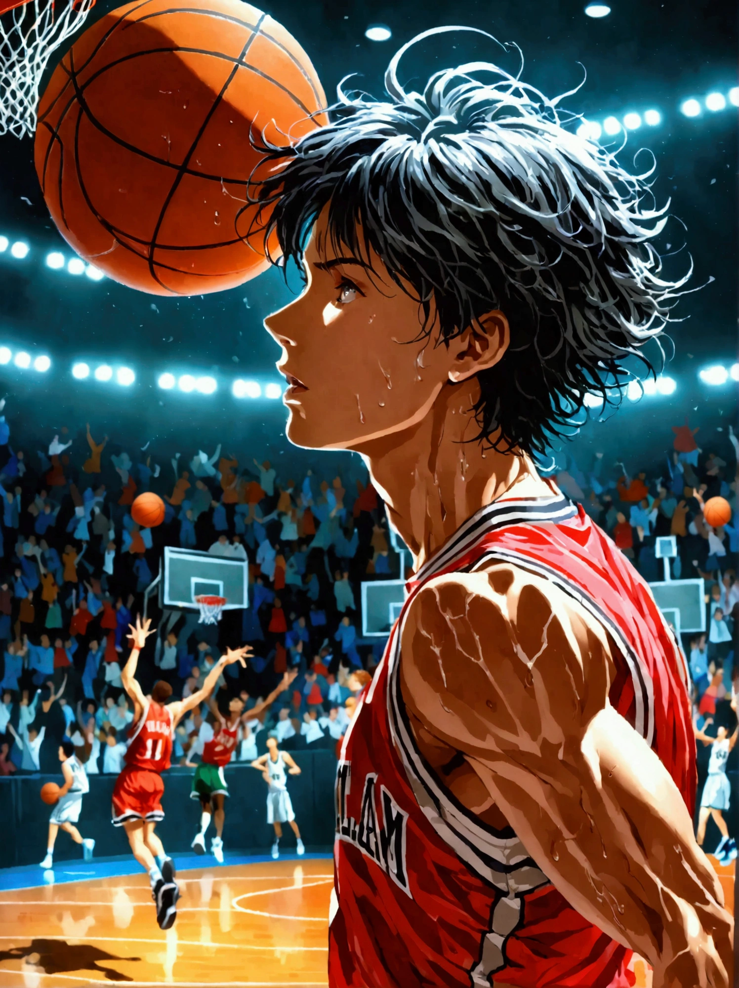 SLAM DUNK, Sakuragi Hanamichi, ((incredible dunk)), (big slam dunk moment:1.5), extremely detailed action pose, intense expression, focused eyes, sweat flying, basketball court background, crowd cheering, highly dynamic, sharp focus, vivid colors, studio lighting, dramatic lighting, nostalgic color palette, high contrast, physically-based rendering, ultra-fine painting, motion blur, anime style, UHD, masterpiece, accurate, anatomically correct, textured skin, best quality