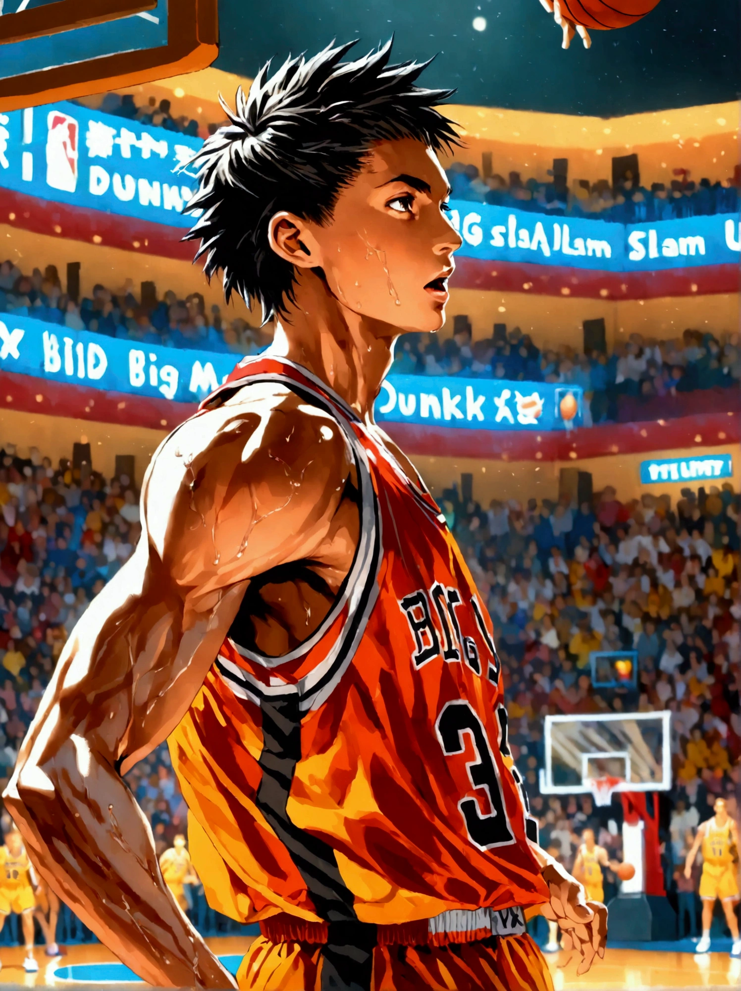 SLAM DUNK, Sakuragi Hanamichi, ((incredible dunk)), (big slam dunk moment:1.5), extremely detailed action pose, intense expression, focused eyes, sweat flying, basketball court background, crowd cheering, highly dynamic, sharp focus, vivid colors, studio lighting, dramatic lighting, nostalgic color palette, high contrast, physically-based rendering, ultra-fine painting, motion blur, anime style, UHD, masterpiece, accurate, anatomically correct, textured skin, best quality