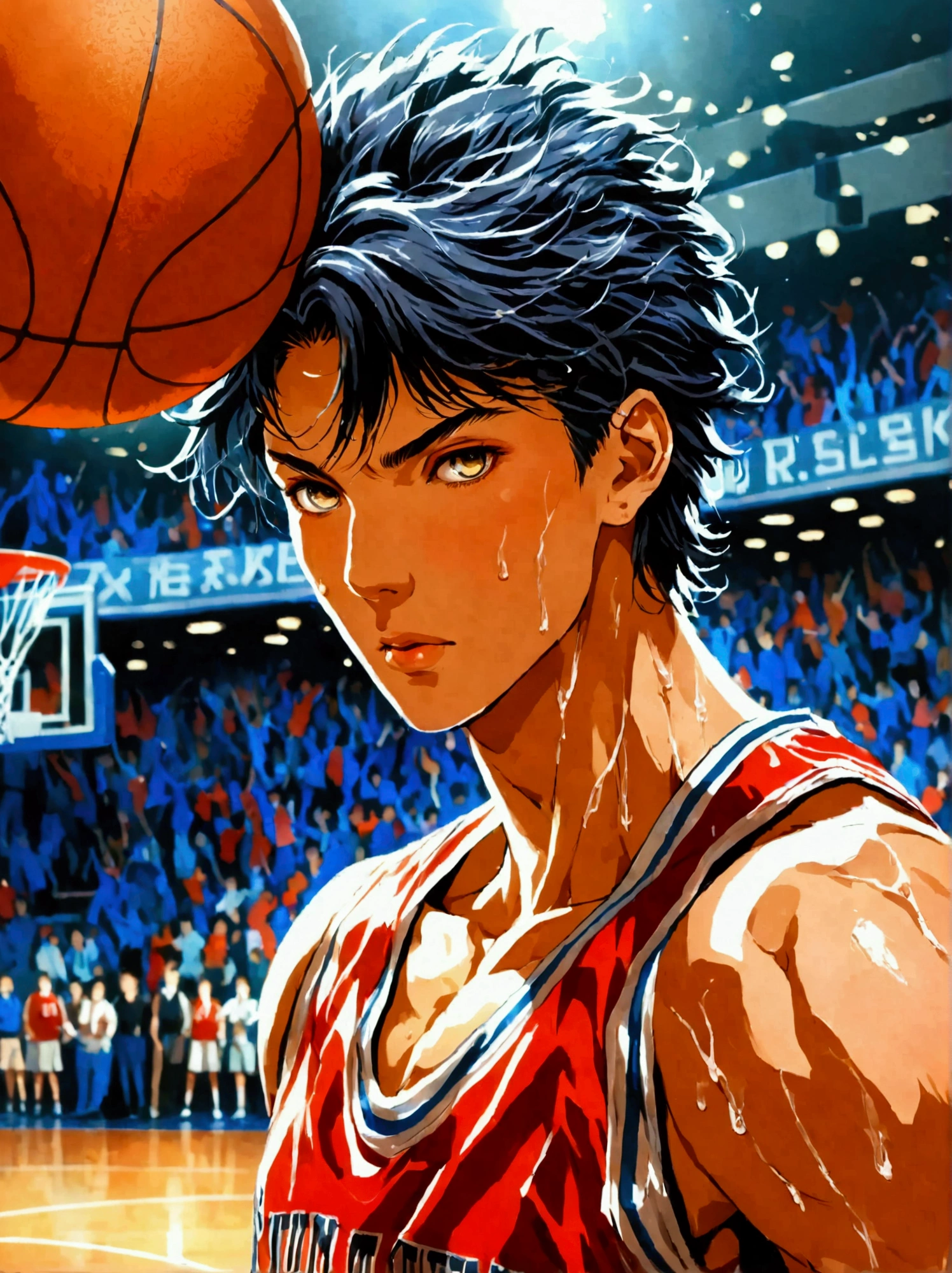 SLAM DUNK, Sakuragi Hanamichi, ((incredible dunk)), (big slam dunk moment:1.5), extremely detailed action pose, intense expression, focused eyes, sweat flying, basketball court background, crowd cheering, highly dynamic, sharp focus, vivid colors, studio lighting, dramatic lighting, nostalgic color palette, high contrast, physically-based rendering, ultra-fine painting, motion blur, anime style, UHD, masterpiece, accurate, anatomically correct, textured skin, best quality