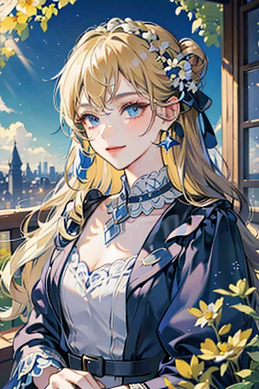 Masterpiece, high quality, Single female, Ethereal, handsome, portrait, Russian, long wavy blonde hair, NO bangs, show forehead, olive skin, blue eyes, cocky smile, colorful, blue colors, black colors, normal blue cocktail dress, no accessories, modern dress, The face is smiling, arrogant, assertive, intimidating, chamomile flowers in the background, night-time, chamomile flowers frame, Rich in color, close-up shot, bust photo, NO hands. Look at viewer.