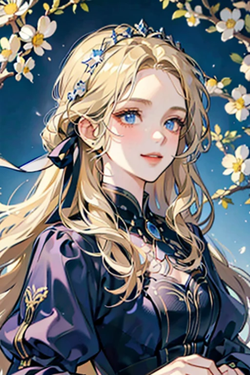 Masterpiece, high quality, Single female, Ethereal, handsome, portrait, Russian, long wavy blonde hair, NO bangs, show forehead, olive skin, blue eyes, cocky smile, colorful, blue colors, black colors, normal blue cocktail dress, no accessories, modern dress, The face is smiling, arrogant, assertive, intimidating, chamomile flowers in the background, night-time, chamomile flowers frame, Rich in color, close-up shot, bust photo, NO hands. Look at viewer.