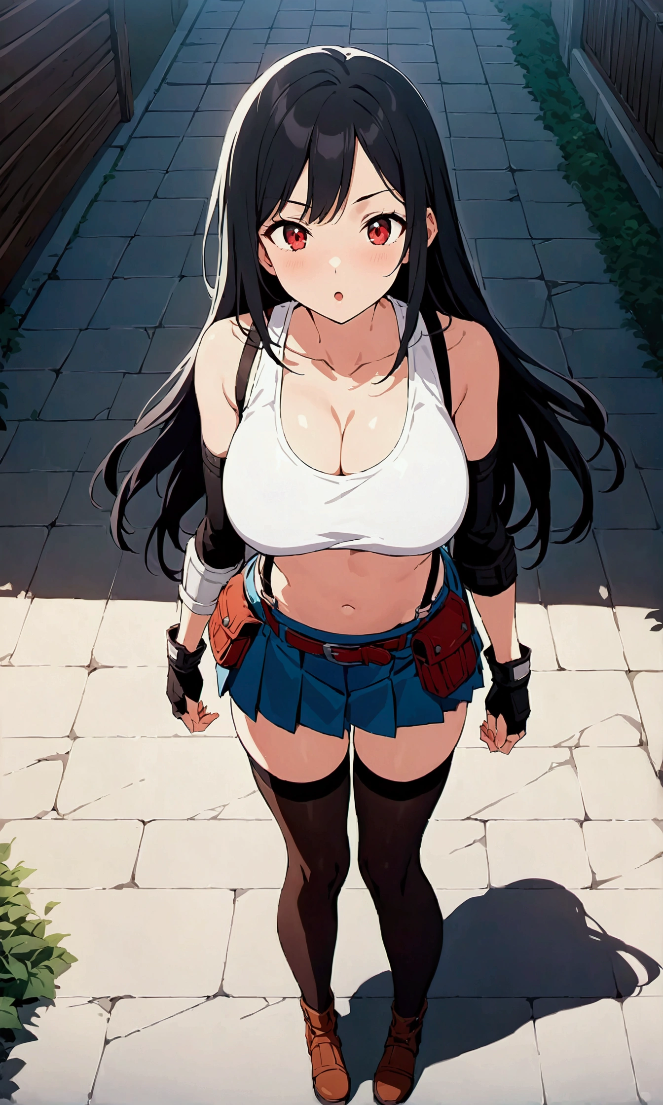 score_9, score_8_up, score_7_up,score_6, score_5,BREAK , from behind,from below,below view,back focus,(ceiling:1.3),standing,,arms up,arms behind head.arms in hair,(mediumshot), ,1girl, tifa lockhart, final fantasy, tareme,black hair, low-tied long hair, red eyes, bangs, (white tank top, belt, pleated skirt, thighhighs, elbow fingerless gloves, elbow pads, midriff, navel,suspender skirt) ,(large_breast),(light smile),Curvy waist,,Solo,,(daytime,outdoor ),detailed,(best quality),(aesthetic,very aesthetic),UHD,HDR,extremely detailed CG unity 8k wallpaper,anime,highly detailed,sharp focus,depth of field,,professional lighting,cinematic lighting, ,