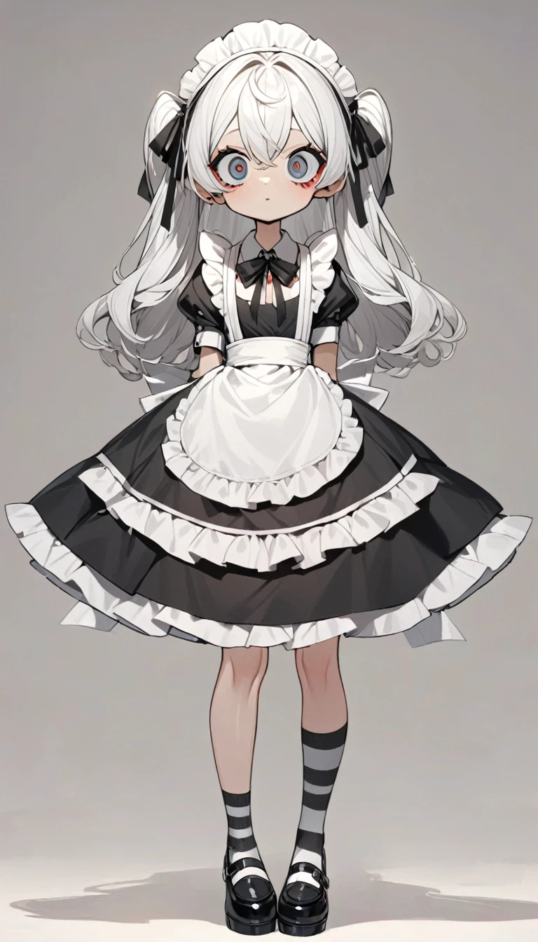 1 big eyes doll，Unique，Maid costume，black and white，Slender legs，Long striped socks，shoe