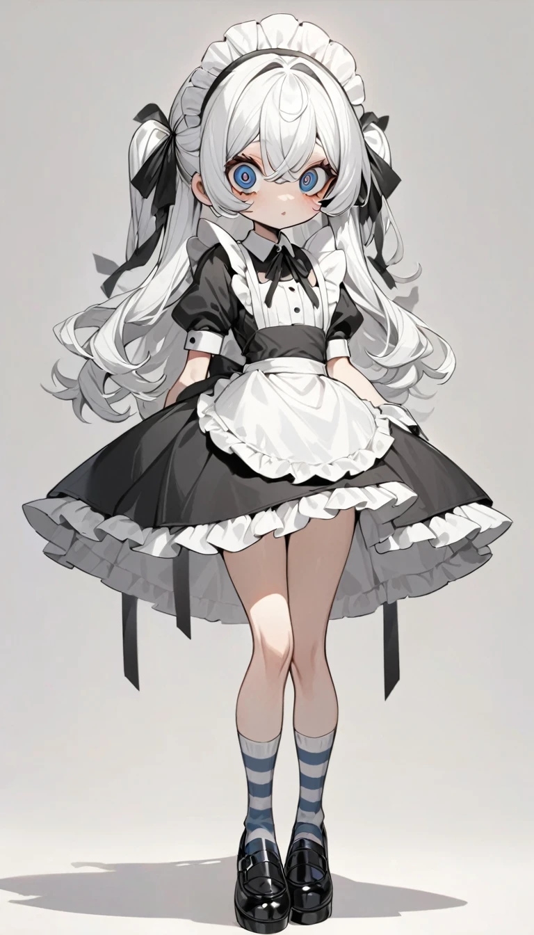 1 big eyes doll，Unique，Maid costume，black and white，Slender legs，Long striped socks，shoe
