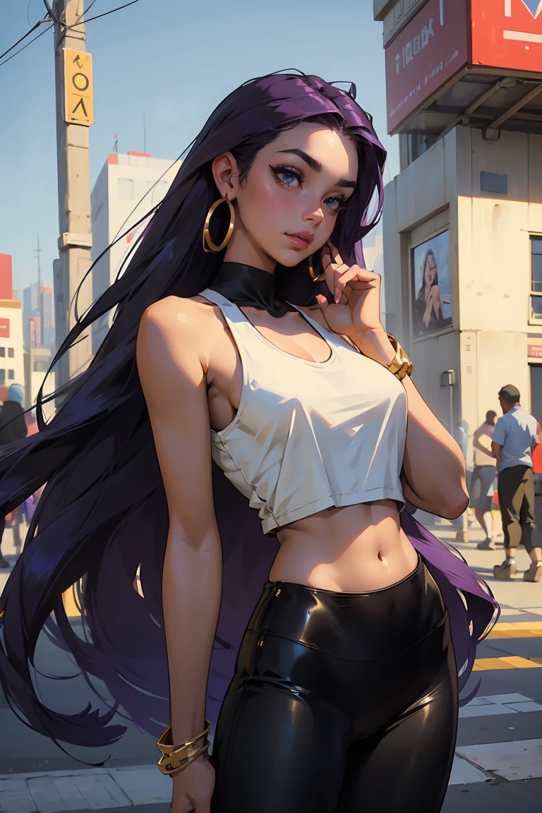 Goddess ((goddess-like woman)), slim elegant silhouette, masterpiece, (close angle), best quality, dark skin, sweet face, (masterpiece:1,2, best quality), (real picture, intricate details), (1 lady , solo, medium tits, slim waistline, ), (blue eyes, Purple hair, blonde strips, very long hair), a woman with long hair, she has an impressive presence., long hair, bracelet, hoop earrings, jewelry, beautiful face, beautiful eyes, she looks at the viewer, she wears a cream colored tank top with thin gold straps, cropped midriff, black long leggings, tank top with thin gold straps, black leggings, Boots, sweet irresistible smile, elegant pose, elegant hands, beautiful hands, perfect fingers,, background: She is standing in a Big city, busy city, dance club, outside, blue sky,