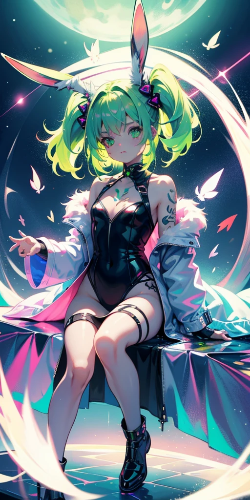 Rabbit technique , Science Fiction, Fluffy , 
1 girl, Tattoo, Glowing tattoo, Glowing eyes, Colorful glowing hair , Full body love, Green Hair,
  Kawaiitech, Soft colors, Kawaii, Lovely colors,