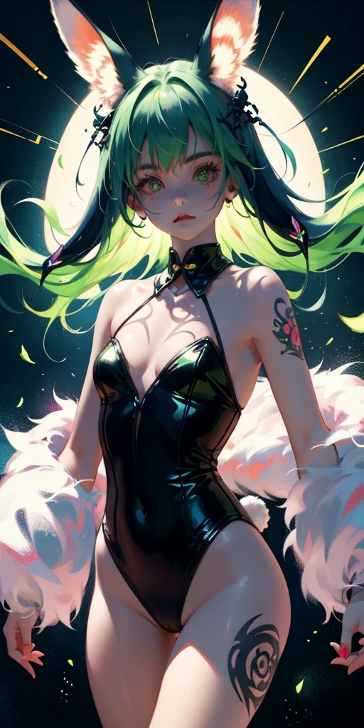 Rabbit technique , Science Fiction, Fluffy ,
1 girl, Tattoo, Glowing tattoo, Glowing eyes, Colorful glowing hair , Full body love, Green Hair,
Kawaiitech, Soft colors, Kawaii, Lovely colors,