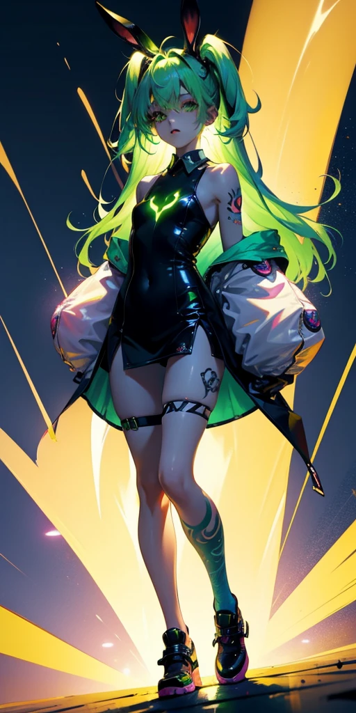 Rabbit technique , Science Fiction, Fluffy ,
1 girl, Tattoo, Glowing tattoo, Glowing eyes, Colorful glowing hair , Full body love, Green Hair,
Kawaiitech, Soft colors, Kawaii, Lovely colors,