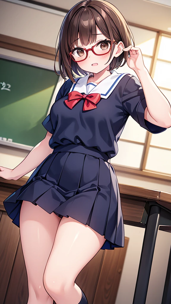 A cute girl with short brown hair, brown eyes and red frame glasses, wearing a white blouse, navy blue skirt, navy blue socks and brown loafers,  in a school classroom during the daytime, with steam rising around her, photographed from a low angle, 1 girl, mischievous, shy, with simple, comical movements, in a nichijo style, highest quality, 4k, 8k, high resolution, masterpiece:1.2, ultra-detailed, realistic, photorealistic, photo-realistic:1.37, studio lighting, ultra-fine painting, sharp focus, physically based rendering, extremely detailed, professional, vivid colors, bokeh