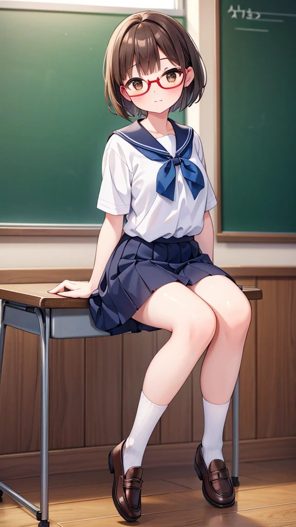 A cute girl with short brown hair, brown eyes and red frame glasses, wearing a white blouse, navy blue skirt, navy blue socks and brown loafers,  in a school classroom during the daytime, with steam rising around her, photographed from a low angle, 1 girl, mischievous, shy, with simple, comical movements, in a nichijo style, highest quality, 4k, 8k, high resolution, masterpiece:1.2, ultra-detailed, realistic, photorealistic, photo-realistic:1.37, studio lighting, ultra-fine painting, sharp focus, physically based rendering, extremely detailed, professional, vivid colors, bokeh