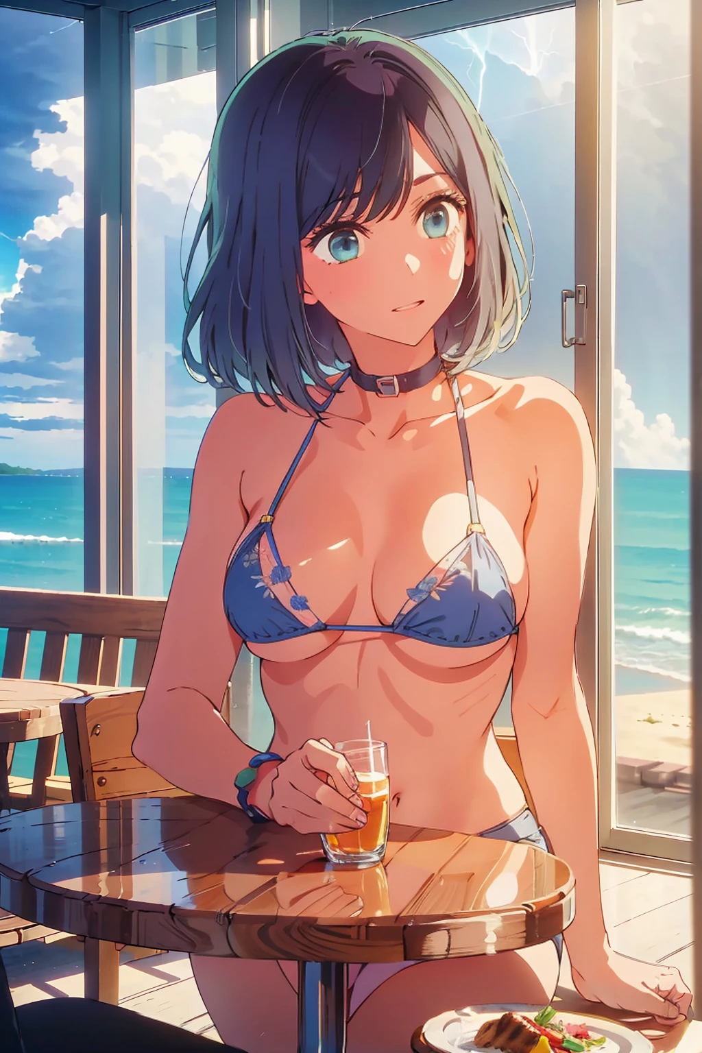 (Highest quality:1.4、masterpiece:1.4、Super detailed:1.4、8K:1.4)、((((1 person、Surprised expression、sit、Indoor cafe terrace、coastal、juice、table、Sandy Beach、juiceのグラスを持つ、Micro Bikini、Very soft boobs、Big eyes、Very cute face))))、(with a thunderstorm:1.4)、F cup bust、Medium breast、Underboob