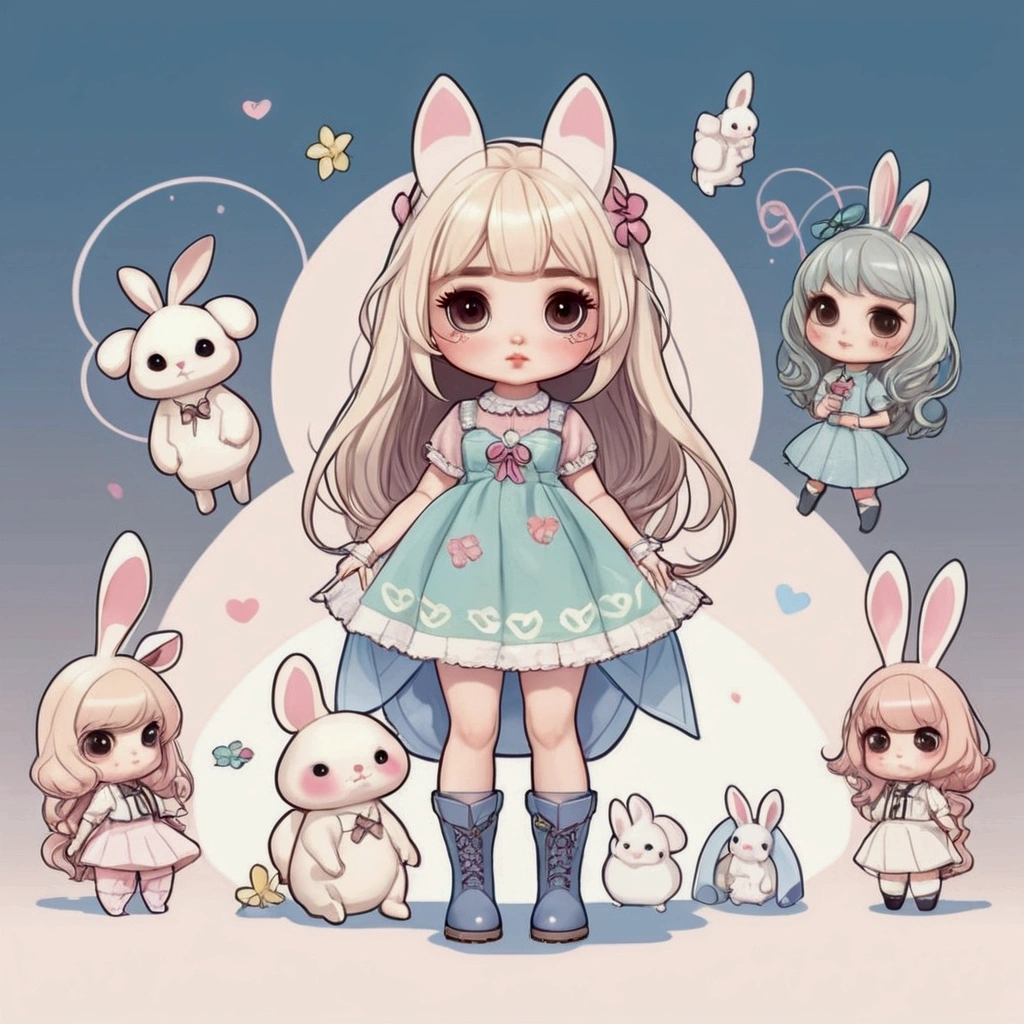 Female cartoons, chibi,  characters, proportions, hourglass figure, full body, small waist, beautiful face, cute face, unique face, eyelashes, penis lips, boots, Blythe doll,  Bunny Girl outfit, Bunny Girl, waist-length hair, bangs, standing straight-faced
