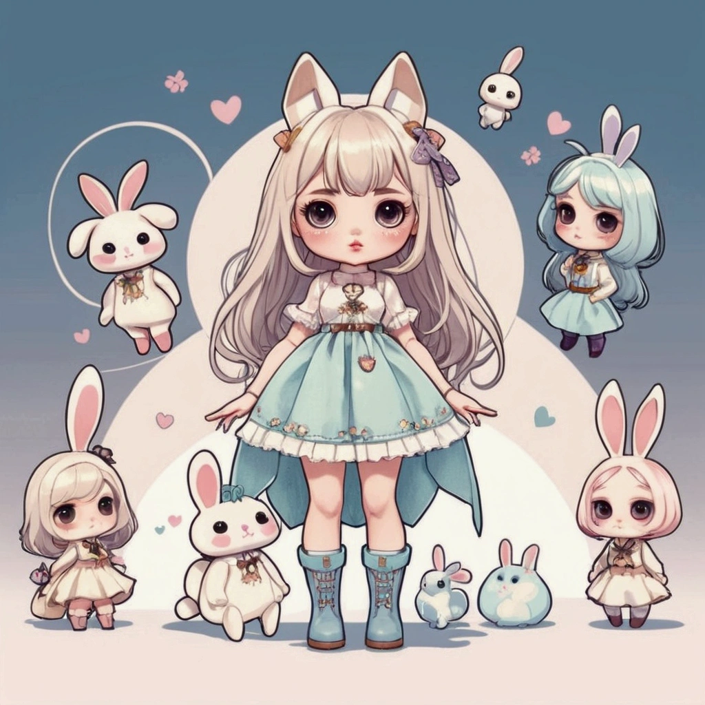 Female cartoons, chibi,  characters, proportions, hourglass figure, full body, small waist, beautiful face, cute face, unique face, eyelashes, penis lips, boots, Blythe doll,  Bunny Girl outfit, Bunny Girl, waist-length hair, bangs, standing straight-faced