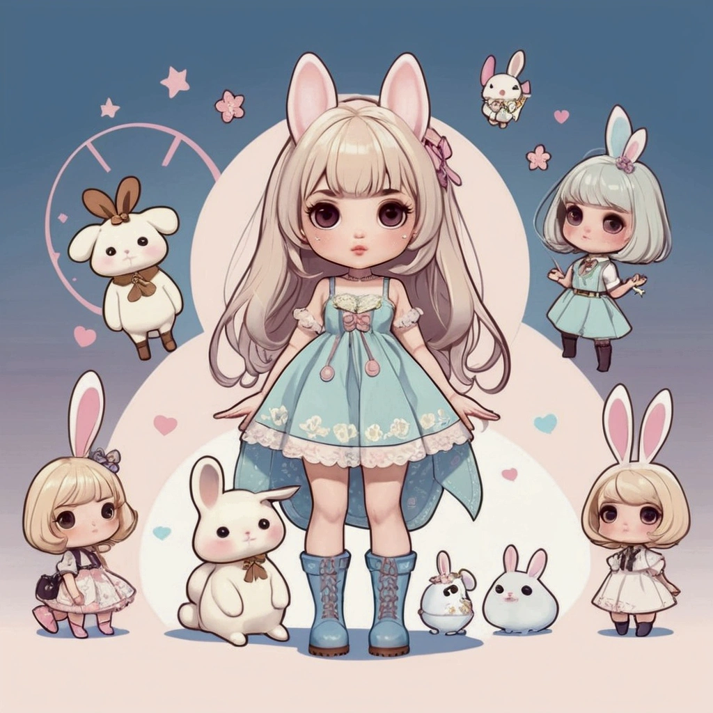 Female cartoons, chibi, characters, proportions, hourglass figure, full body, small waist, beautiful face, cute face, unique face, eyelashes, penis lips, boots, Blythe doll, Bunny Girl outfit, Bunny Girl, waist-length hair, bangs, standing straight-faced