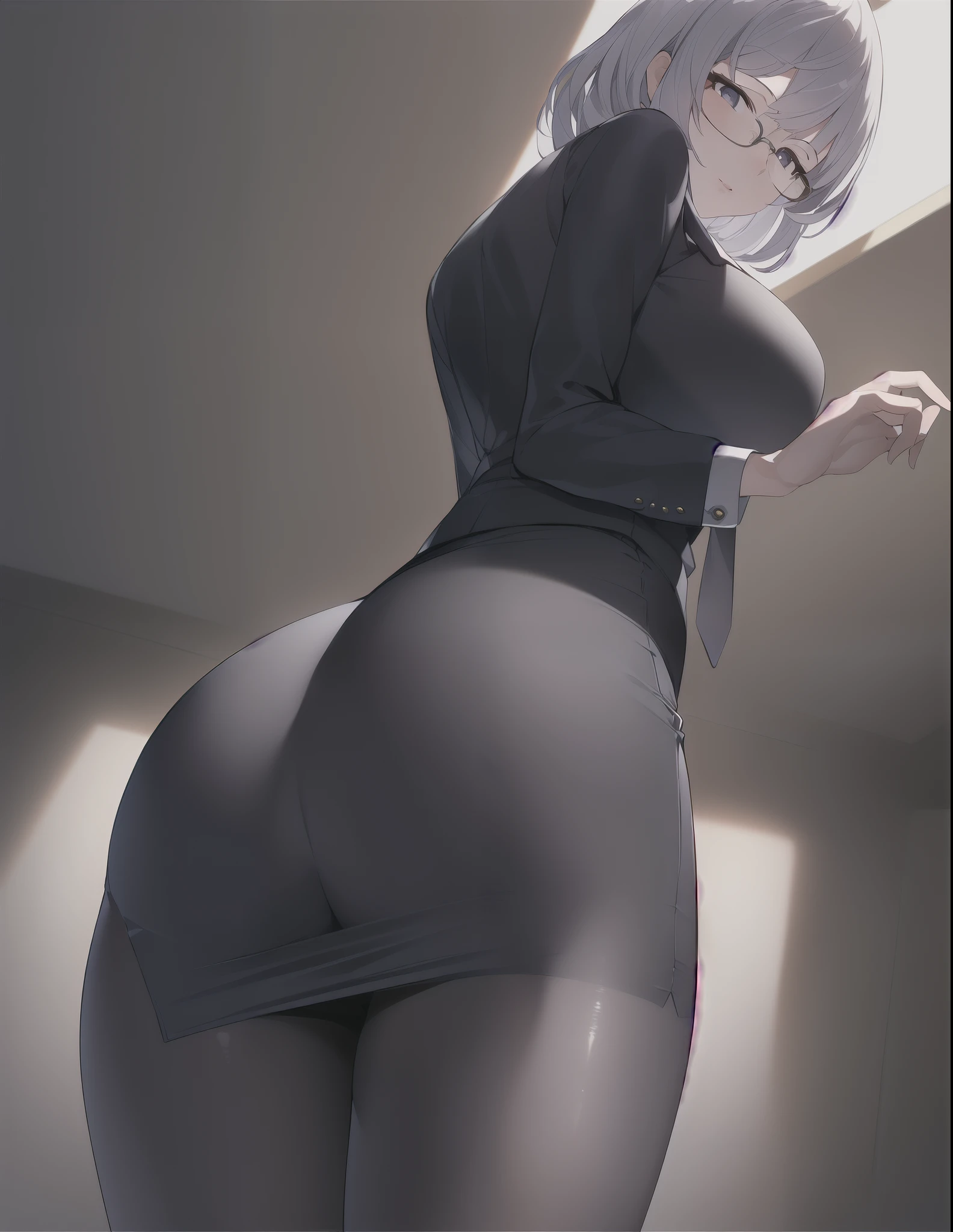 (((masterpiece, best quality, high resolution))),
glasses, office lady suit, 1girl, solo, cowboy shot, from below, pencil skirt, pantyhose, strips, white shirts, tie,
protruding ass, perfect ass detailed, rounded ass