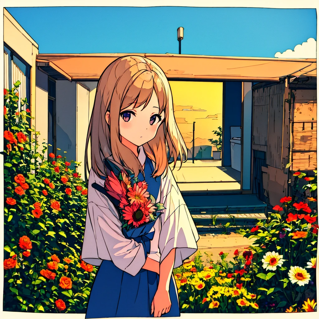 Girl with a bouquet Modern Cumulonimbus Summer Flower shop Sunset Plain background Simple