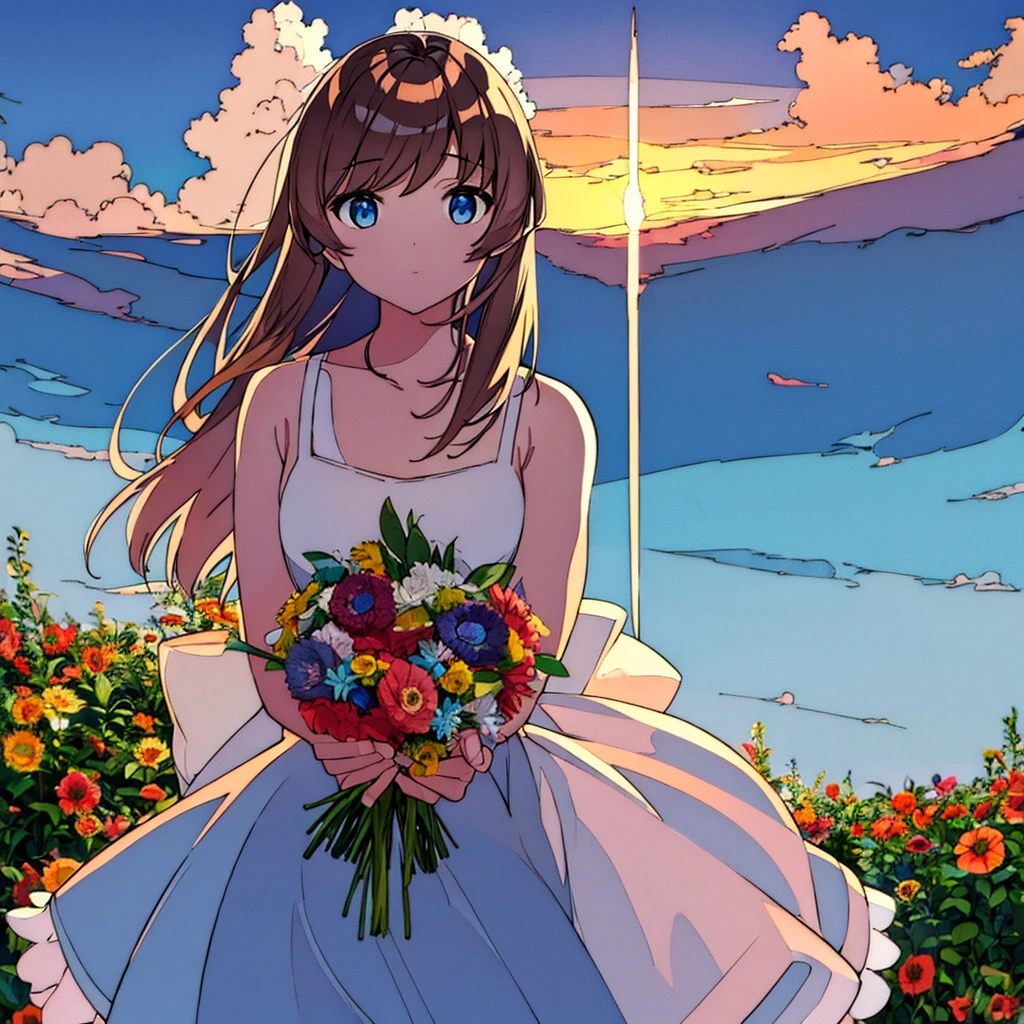 Girl with a bouquet Modern Cumulonimbus Summer Flower shop Sunset Plain background Simple