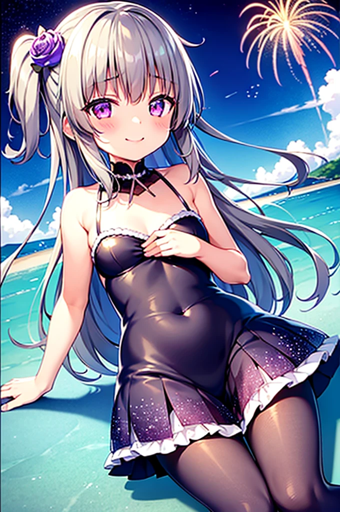 Himari Meimei, masterpiece, Voluptuous thighs, petit body, little young girl, flat chest, {1 Girl}, Cute and erotic smile, Highly detailed sparkling purple eyes, summer night, fireworks,  困り眉, open legs, legs up, brilliant silver grey hair, lying on beach bed, 