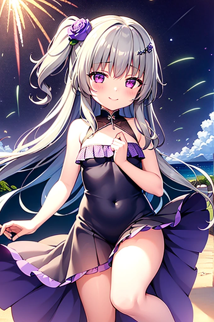 Himari Meimei, masterpiece, Voluptuous thighs, petit body, little young girl, flat chest, {1 Girl}, Cute and erotic smile, Highly detailed sparkling purple eyes, summer night, fireworks,  困り眉, open legs, legs up, brilliant silver grey hair, lying on beach bed, 