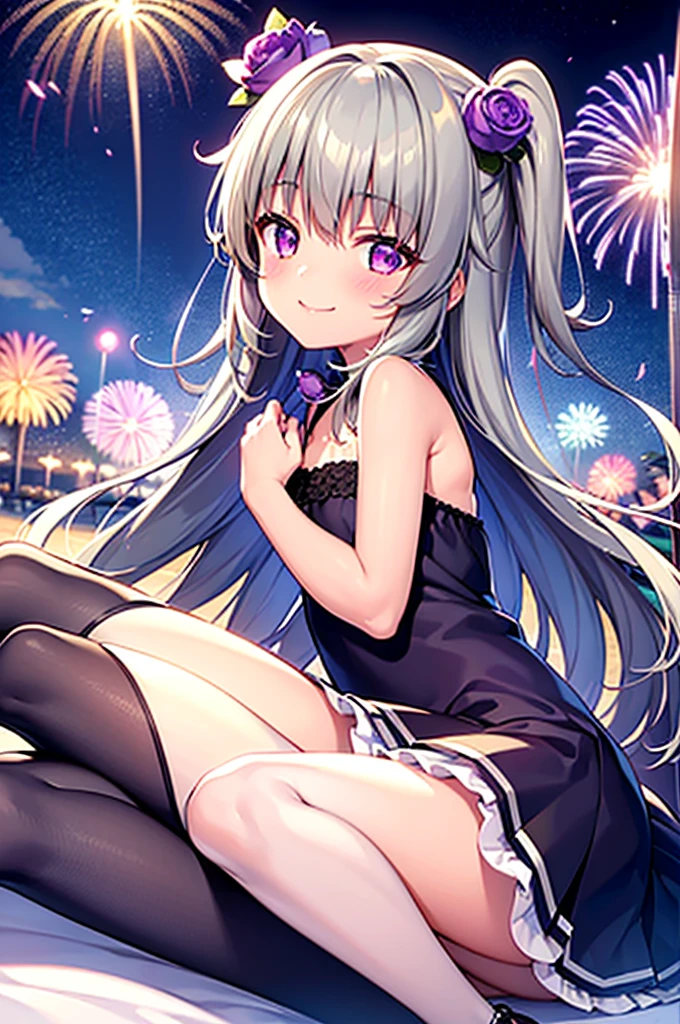 Himari Meimei, masterpiece, Voluptuous thighs, petit body, little young girl, flat chest, {1 Girl}, Cute and erotic smile, Highly detailed sparkling purple eyes, summer night, fireworks,  困り眉, open legs, legs up, brilliant silver grey hair, lying on beach bed, 