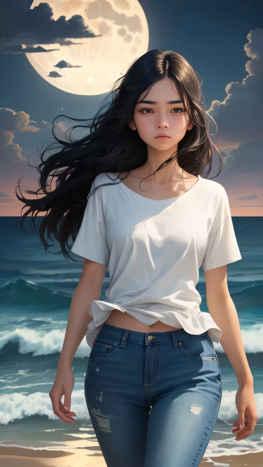 ((best quality)), ((masterpiece)), (detailed), A digital art illustration of a long black haired teenage girl walking by the ocean and looking at ocean at night with a full moon in the background and a sad expression on her face. The girl is wearing plain white t-shirt and blue jeans