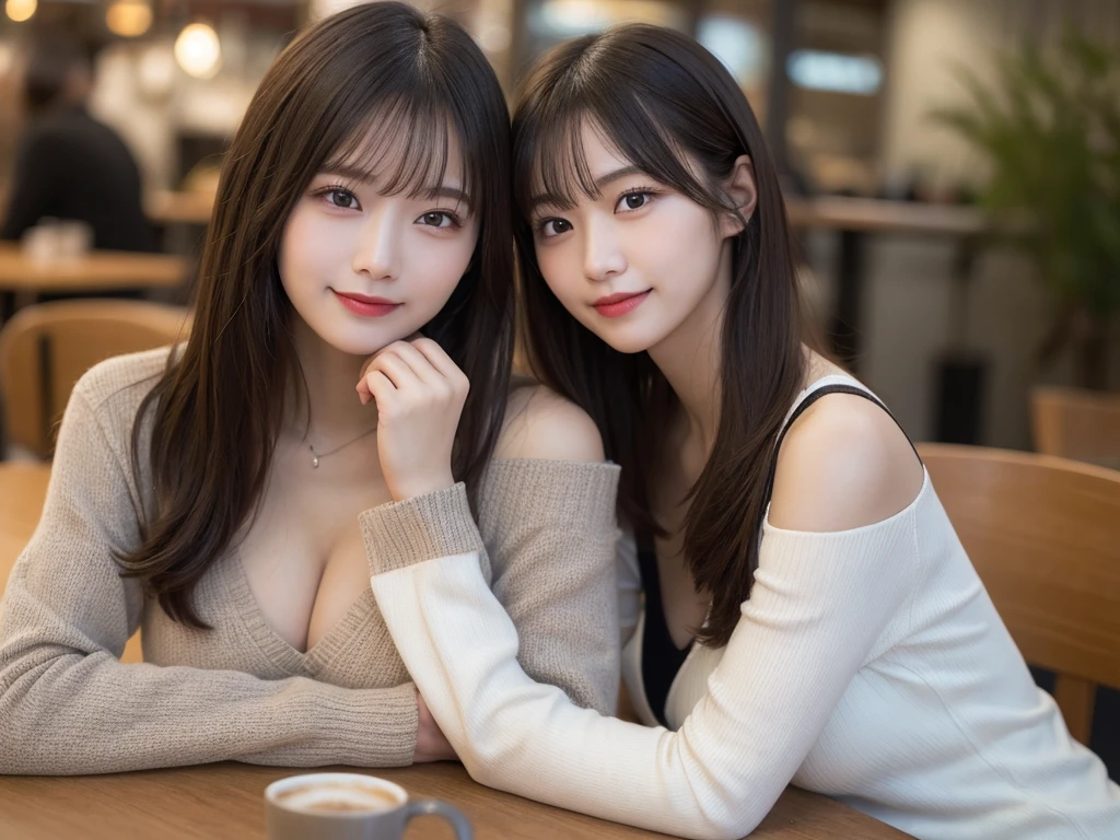 Tabletop, Highest quality, figure, Very detailed, In detail, High resolution, 8k wallpaper, Perfect dynamic composition, Beautiful attention to detail, Shoulder extension long sleeve knit,Bob Hair, Center of chest, Natural color lip, Random sexy poses,smile,20-year-old girl,huge ,Cafe,coffee,Emphasize the chest,More busty,Clothes that show cleavage