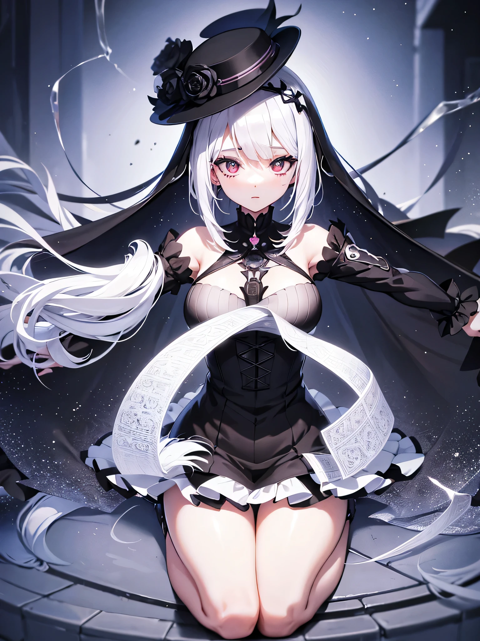 Anime-style image of a woman with white hair and black clothing, Cute 3D anime girl render, Cute anime waifu in a nice dress, Anime VTuber Full Body Model, Anime girl in a black dress, Gothic Maiden Anime Girl, Highly detailed characters, Official character art,Prayer