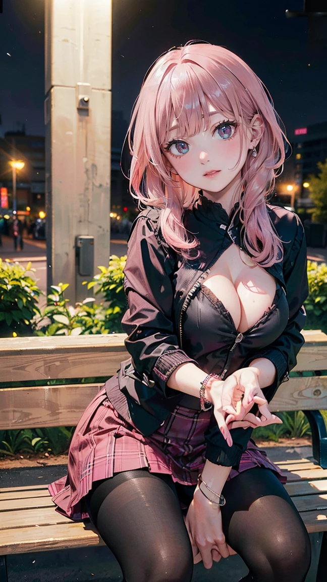 (Masterpiece, BestQuality:1.3), (ultra detailed:1.2), (hyperrealistic:1.3), (RAW photo:1.2), High detail RAW color photo, professional photograph, (Photorealistic:1.4), (realistic:1.4), (Pink Hair:1.5), professional lighting, perfect ???????, (Big Breasts:1.2), (blush, detailed face), (A happy smile:1.7), sexly, erotic sexly, Random sexy gravure poses, (Black jacket and checked skirt、Black tights、Sexy pose sitting on a bench in a park at night。The bracelet glows。:1.3)