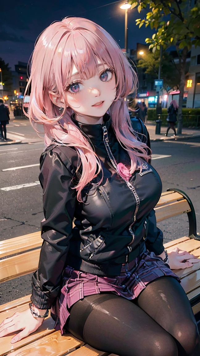 (Masterpiece, BestQuality:1.3), (ultra detailed:1.2), (hyperrealistic:1.3), (RAW photo:1.2), High detail RAW color photo, professional photograph, (Photorealistic:1.4), (realistic:1.4), (Pink Hair:1.5), professional lighting, perfect anatomy, (Big Breasts:1.2), (blush, detailed face), (A happy smile:1.7), sexly, erotic sexly, Random sexy gravure poses, (Black jacket and checked skirt、Black tights、Sexy pose sitting on a bench in a park at night。The bracelet glows。:1.3)