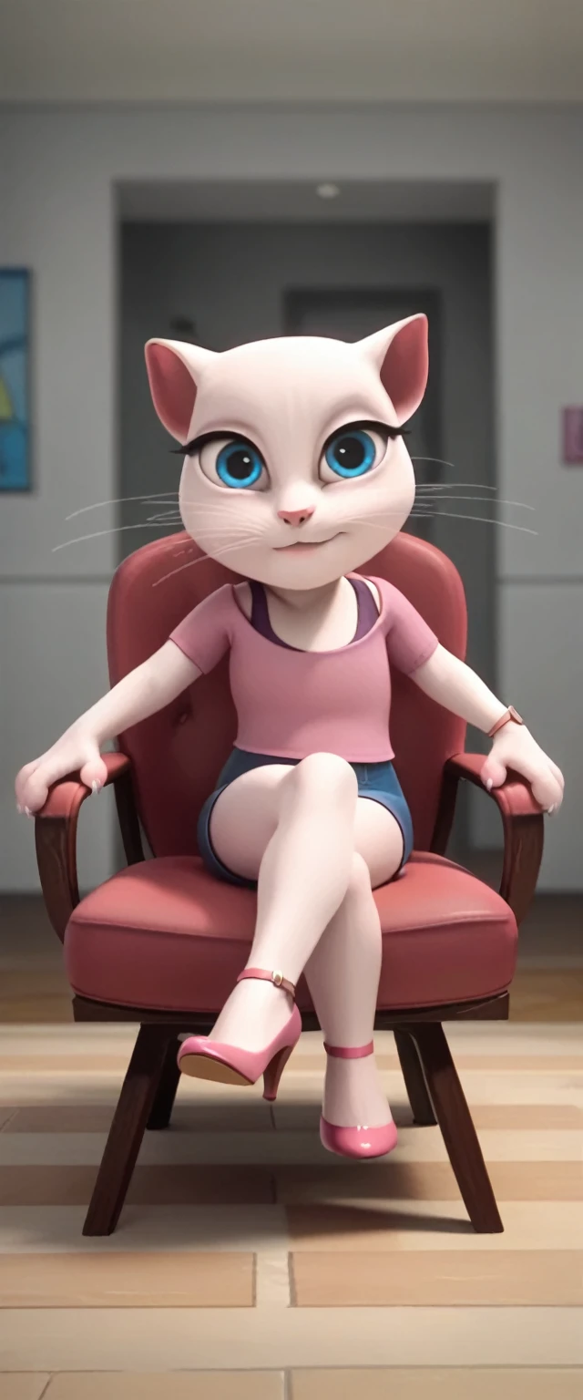 1 girl, cat, white fur, long whiskers on both sides of the face, large bright blue eyes, large black eyelashes, small pink nose, triangular ears with pink channels.     There are high heels.  Front view legs of woman on chair facing inwards on back with legs up in the air.  crossed legs