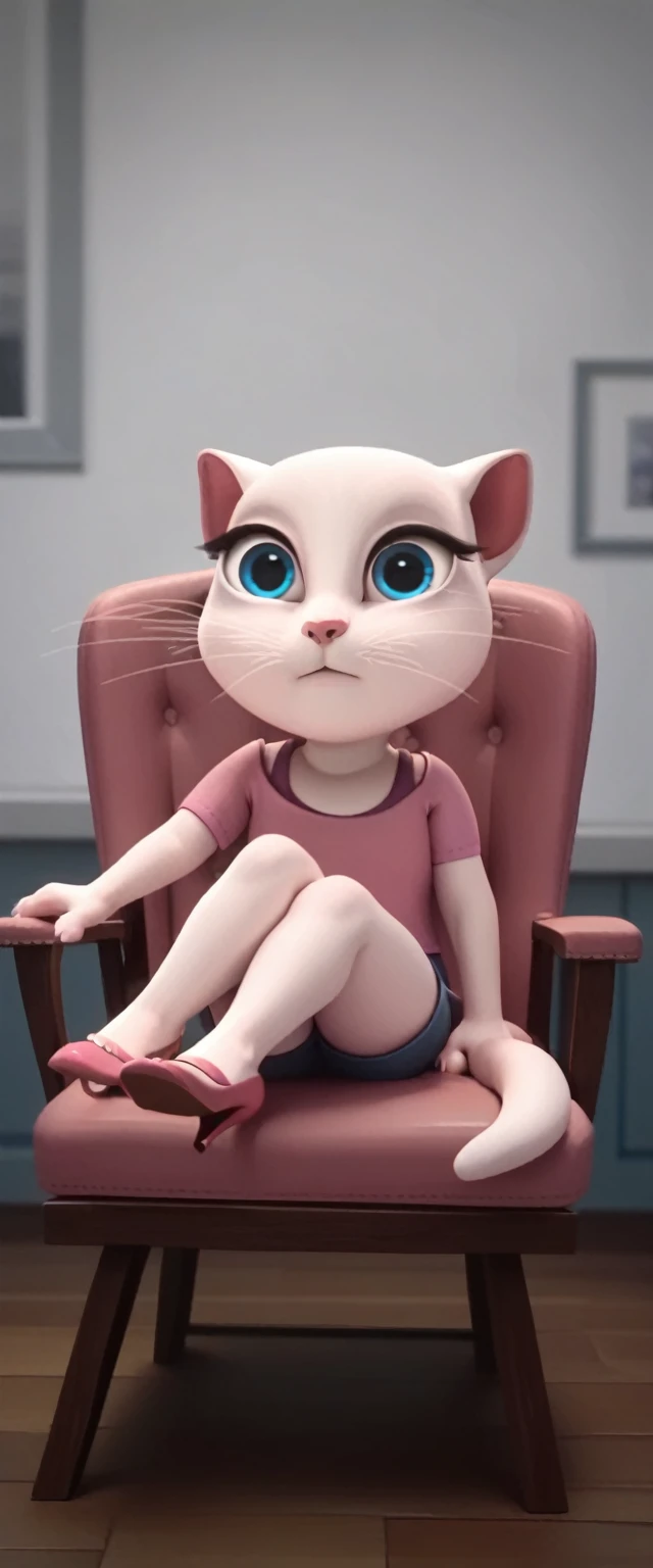 1 girl, cat, white fur, long whiskers on both sides of the face, large bright blue eyes, large black eyelashes, small pink nose, triangular ears with pink channels. There are high heels. Front view legs of woman on chair facing inwards on back with legs up in the air. crossed legs