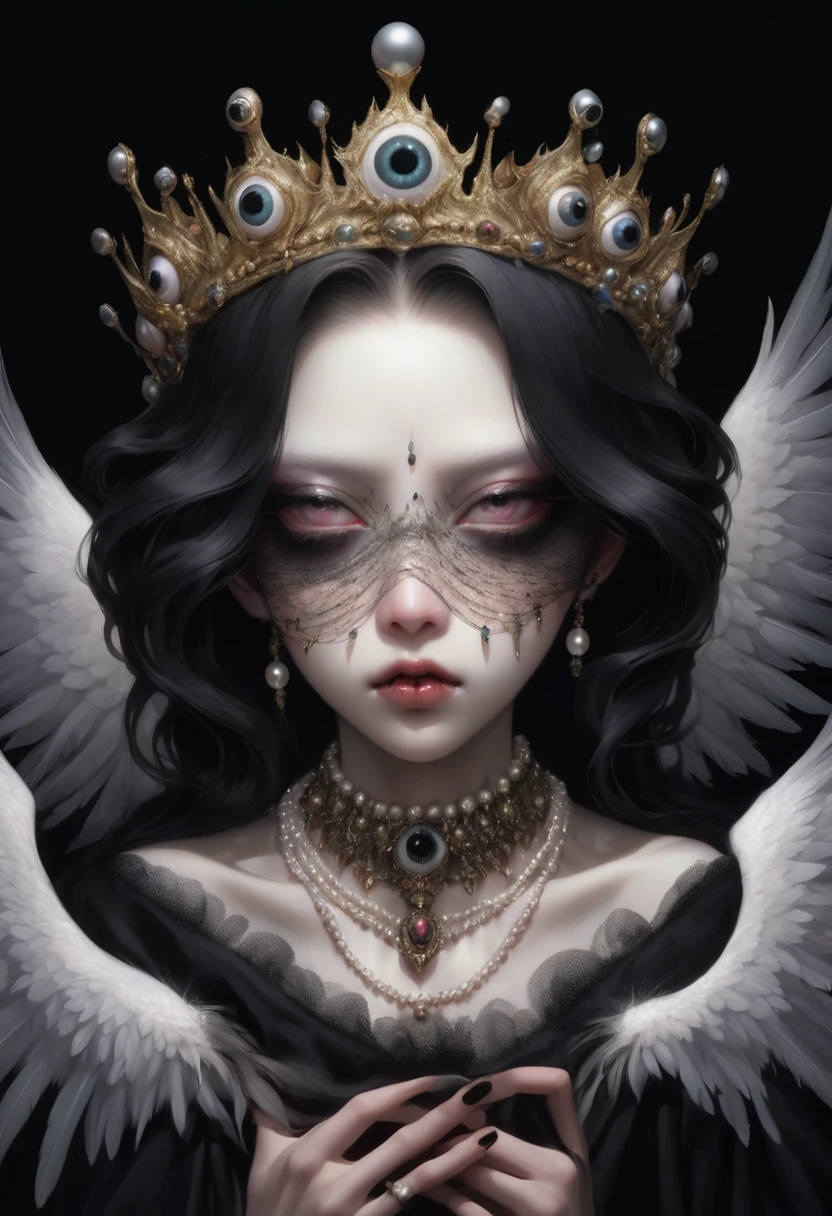 (masterpiece, best quality:1.2),Grotesque Aesthetics:1.56， Ugly faceless person，There are many eyeballs growing on the skin of the face，teeth，Sharp claws， Solitary，black background，crown，veil，hand，Pearl Necklace，Feather wings