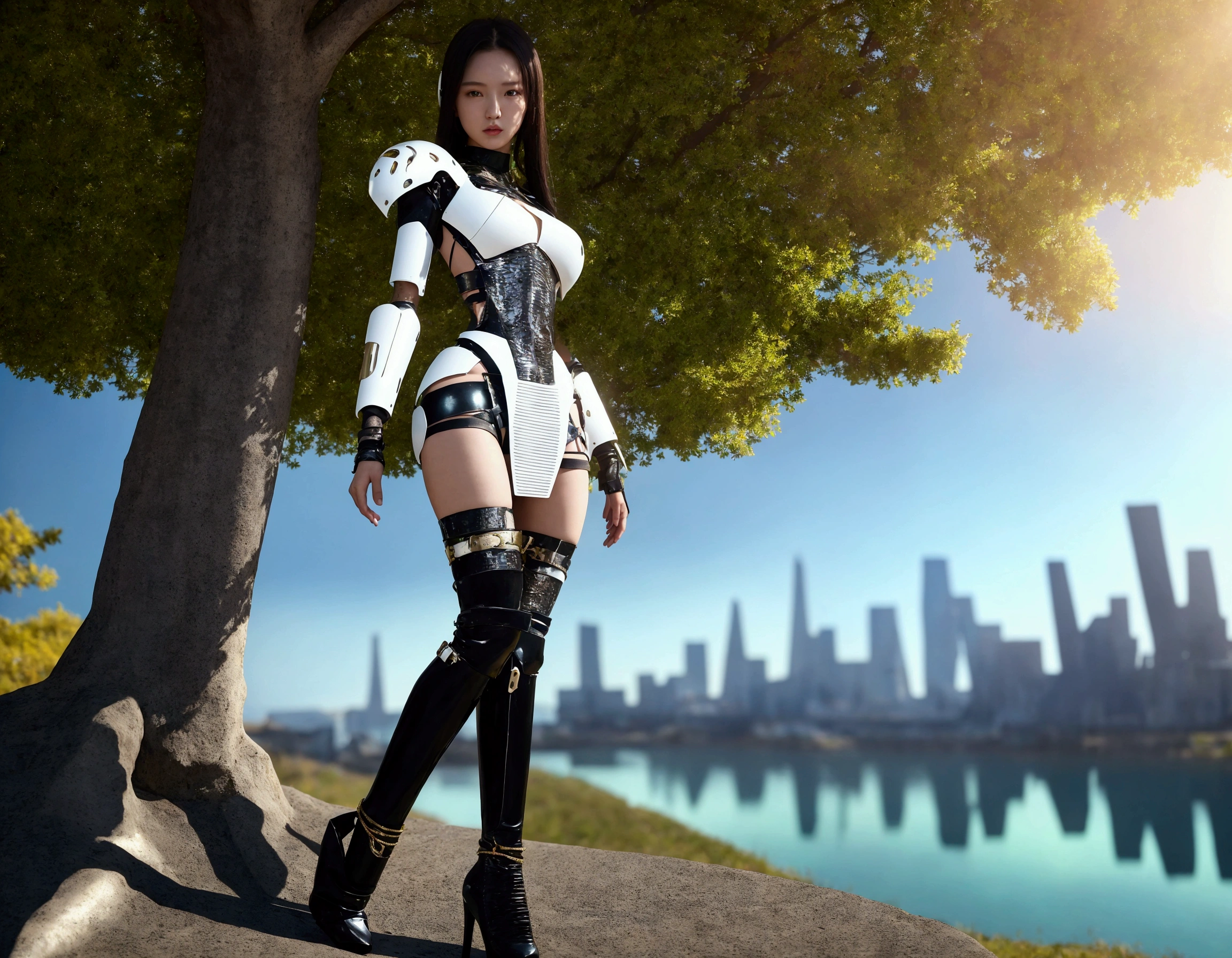 Masterpiece,High-quality 4K,Perfect Face,Perfect body。In the bright early summer afternoon sunshine、A 20-year-old female hybrid machine wearing armor consisting of a light metal halter neck, light metal leotard, and light metal knee-high boots, looking to the future with hope.。A realistic live-action Hollywood drama。

