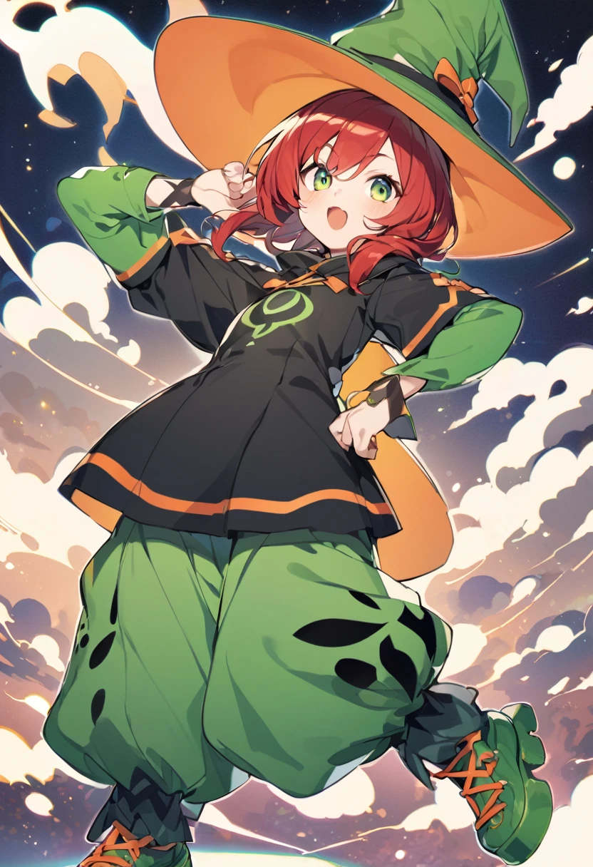 Witch hat,green shoet sleeve uniform, baggy pants,short red hair,green eyes, medium