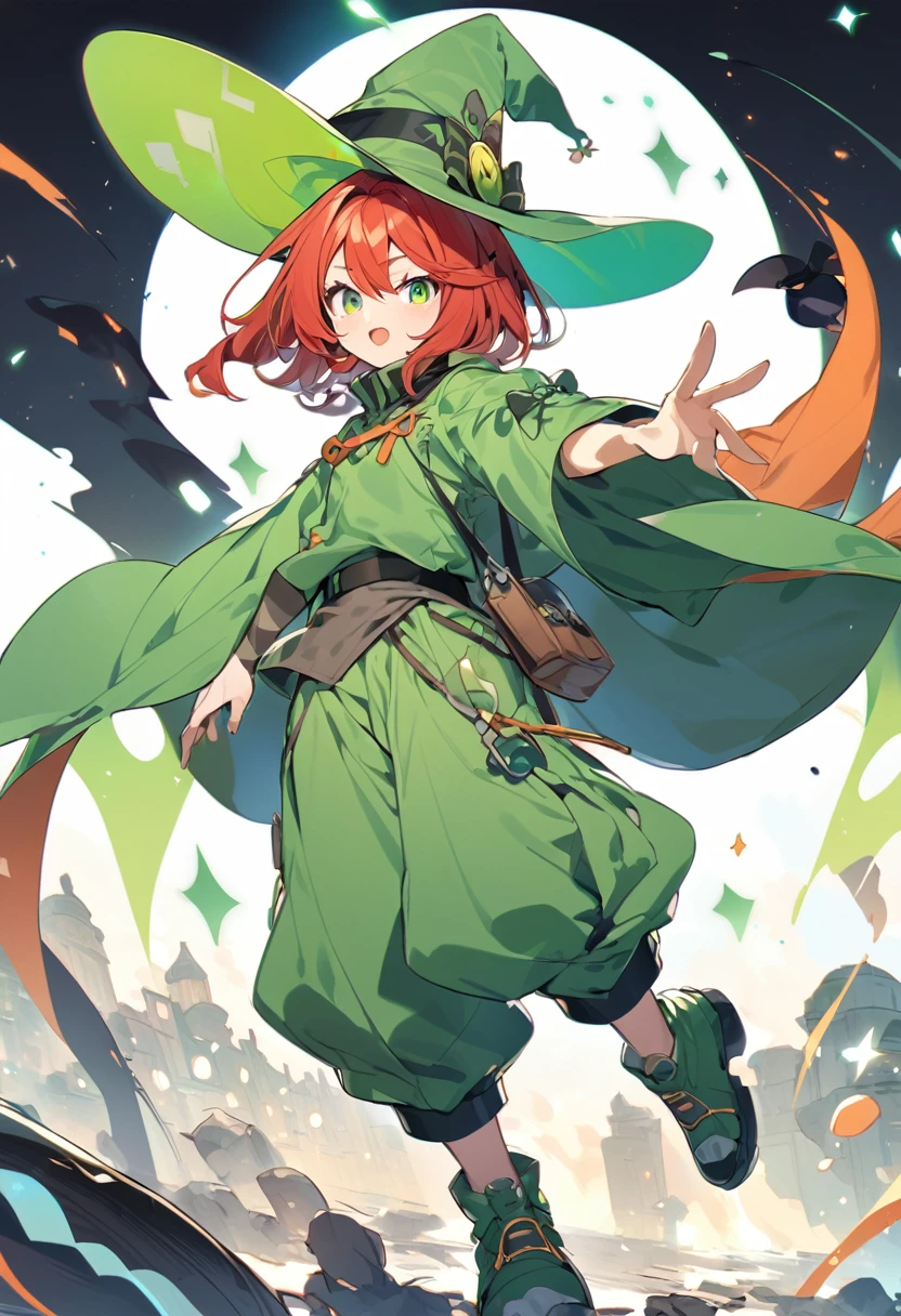 Witch hat,green shoet sleeve uniform, baggy pants,short red hair,green eyes, medium