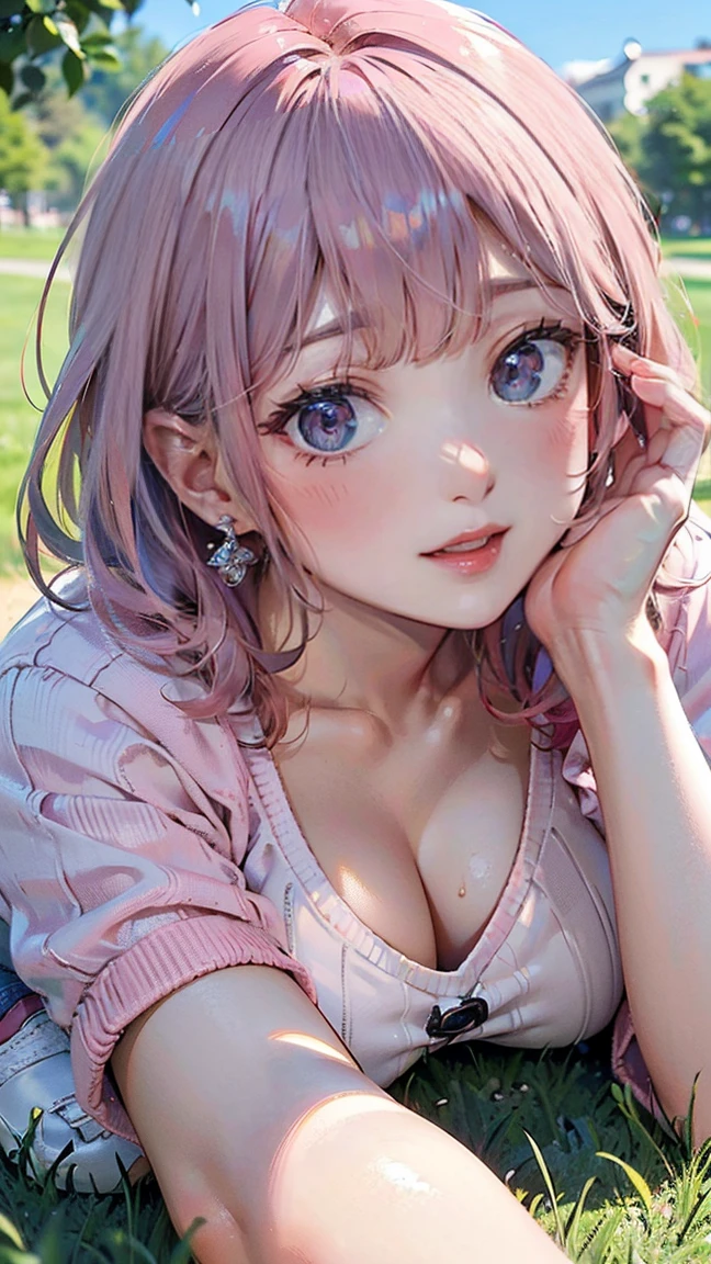 (Masterpiece, BestQuality:1.3), (ultra detailed:1.2), (hyperrealistic:1.3), (RAW photo:1.2), High detail RAW color photo, professional photograph, (Photorealistic:1.4), (realistic:1.4), (Pink Hair:1.5), professional lighting, perfect anatomy, (Big Breasts:1.2), (blush, detailed face), (A happy smile:1.7), sexly, erotic sexly, Random sexy gravure poses, (Red sweater and white mini skirt、White sneakers、Posing lying on the grass under a blue sky。The earrings are cute。:1.3)