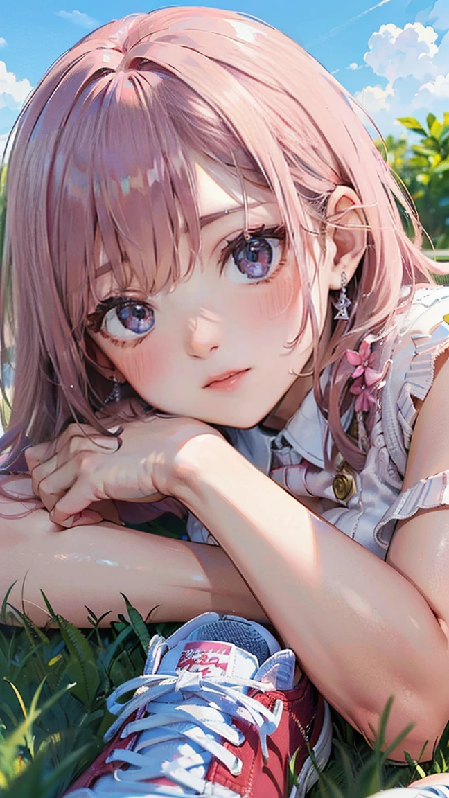 (Masterpiece, BestQuality:1.3), (ultra detailed:1.2), (hyperrealistic:1.3), (RAW photo:1.2), High detail RAW color photo, professional photograph, (Photorealistic:1.4), (realistic:1.4), (Pink Hair:1.5), professional lighting, perfect anatomy, (Big Breasts:1.2), (blush, detailed face), (A happy smile:1.7), sexly, erotic sexly, Random sexy gravure poses, (Red sweater and white mini skirt、White sneakers、Posing lying on the grass under a blue sky。The earrings are cute。:1.3)