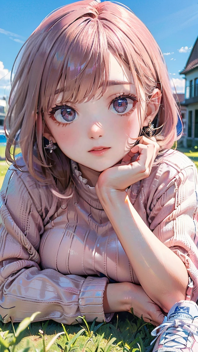 (Masterpiece, BestQuality:1.3), (ultra detailed:1.2), (hyperrealistic:1.3), (RAW photo:1.2), High detail RAW color photo, professional photograph, (Photorealistic:1.4), (realistic:1.4), (Pink Hair:1.5), professional lighting, perfect anatomy, (Big Breasts:1.2), (blush, detailed face), (A happy smile:1.7), sexly, erotic sexly, Random sexy gravure poses, (Red sweater and white mini skirt、White sneakers、Posing lying on the grass under a blue sky。The earrings are cute。:1.3)