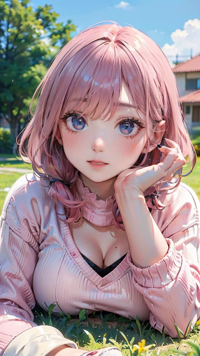 (Masterpiece, BestQuality:1.3), (ultra detailed:1.2), (hyperrealistic:1.3), (RAW photo:1.2), High detail RAW color photo, professional photograph, (Photorealistic:1.4), (realistic:1.4), (Pink Hair:1.5), professional lighting, perfect anatomy, (Big Breasts:1.2), (blush, detailed face), (A happy smile:1.7), sexly, erotic sexly, Random sexy gravure poses, (Red sweater and white mini skirt、White sneakers、Posing lying on the grass under a blue sky。The earrings are cute。:1.3)